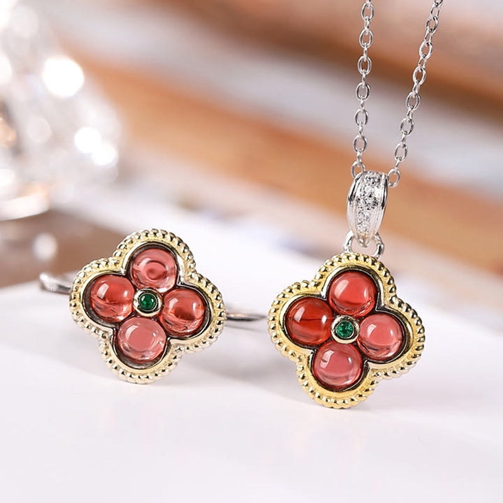 Buddha Stones 925スターリングシルバー 天然ガーネット 四つ葉のクローバー 守護ネックレス ペンダント リング