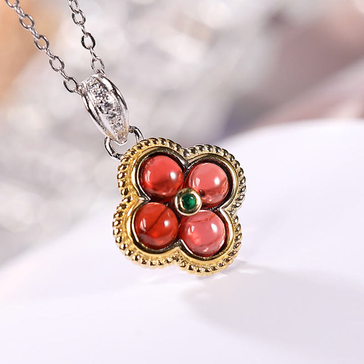 Buddha Stones 925スターリングシルバー 天然ガーネット 四つ葉のクローバー 守護ネックレス ペンダント リング