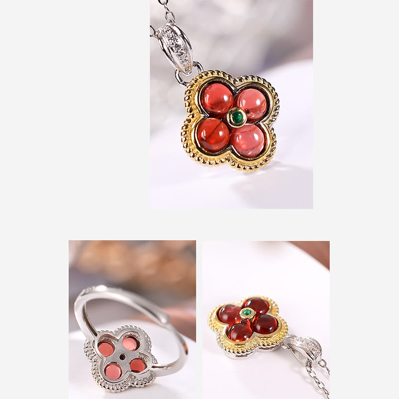 Buddha Stones 925スターリングシルバー 天然ガーネット 四つ葉のクローバー 守護ネックレス ペンダント リング