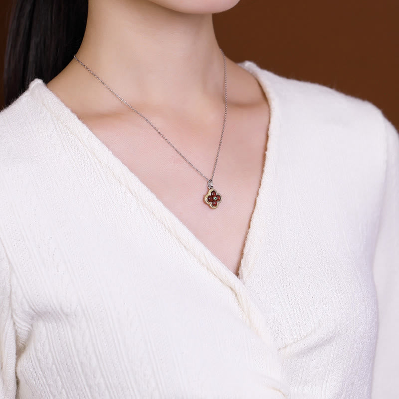 Buddha Stones 925スターリングシルバー 天然ガーネット 四つ葉のクローバー 守護ネックレス ペンダント リング