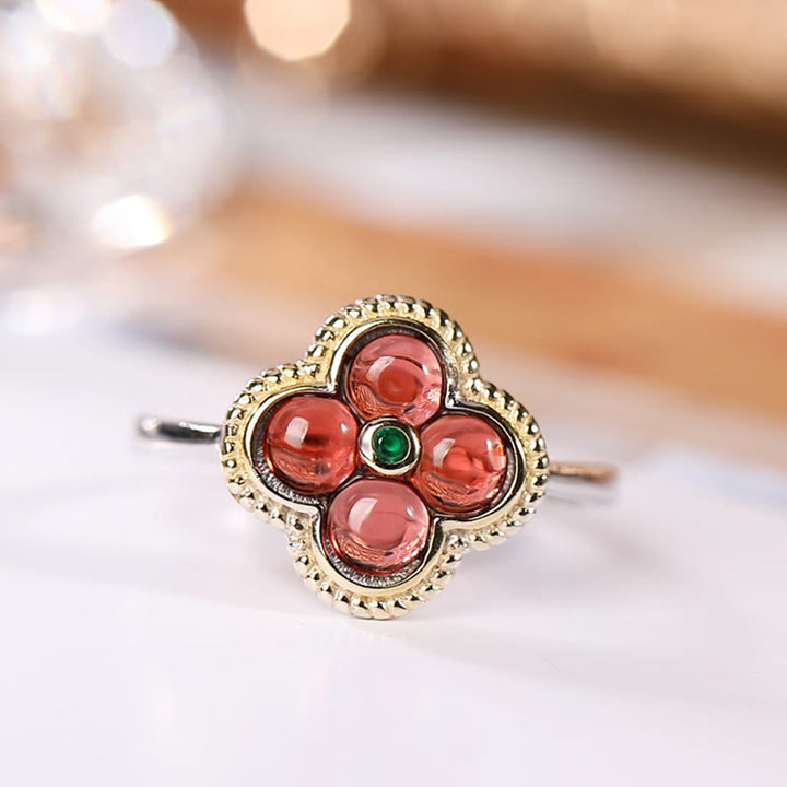 Buddha Stones 925スターリングシルバー 天然ガーネット 四つ葉のクローバー 守護ネックレス ペンダント リング