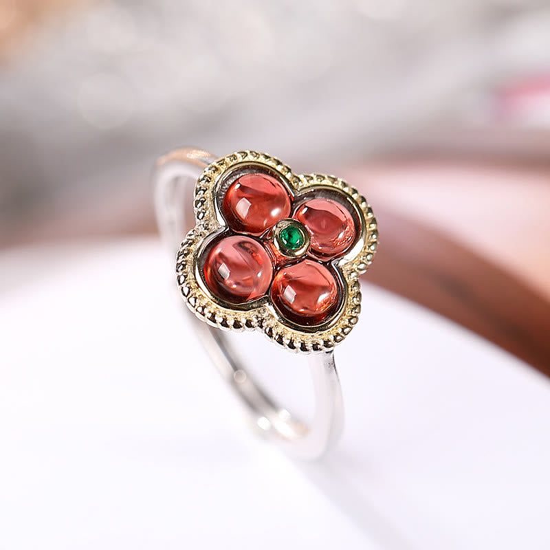 Buddha Stones 925スターリングシルバー 天然ガーネット 四つ葉のクローバー 守護ネックレス ペンダント リング