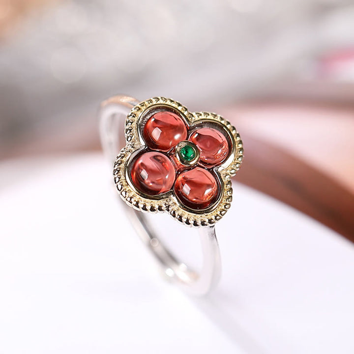 Buddha Stones 925スターリングシルバー 天然ガーネット 四つ葉のクローバー 守護ネックレス ペンダント リング