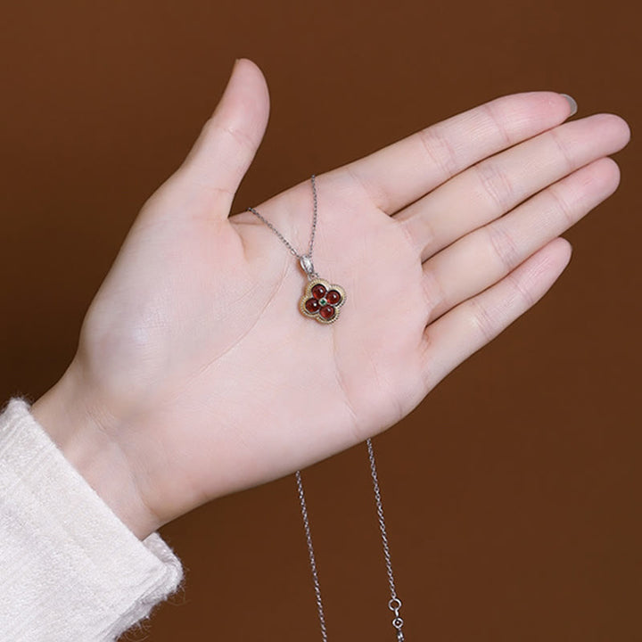Buddha Stones 925スターリングシルバー 天然ガーネット 四つ葉のクローバー 守護ネックレス ペンダント リング