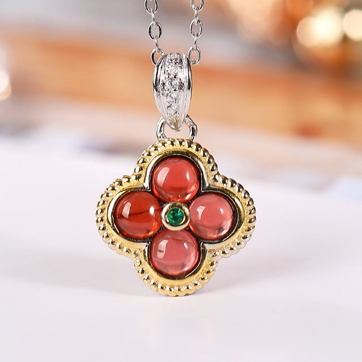 Buddha Stones 925スターリングシルバー 天然ガーネット 四つ葉のクローバー 守護ネックレス ペンダント リング