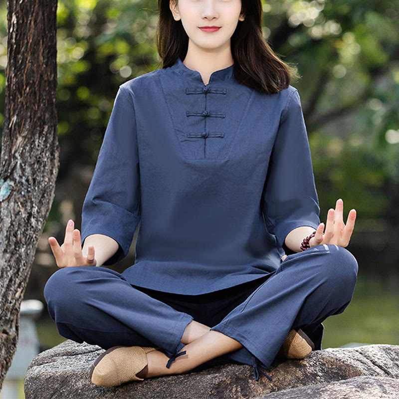 Buddha Stones 2点セット 半袖シャツ トップパンツ 瞑想 禅 太極拳 コットンリネン 衣類 レディース セット - ブルー(トップス&パンツ) - US8-10，UK/AU12-14，EU40-42 (2XL) - image 0