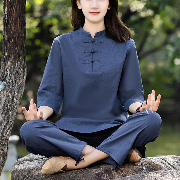 Buddha Stones 2点セット 半袖シャツ トップパンツ 瞑想 禅 太極拳 コットンリネン 衣類 レディース セット - ブルー(トップス&パンツ) - US8-10，UK/AU12-14，EU40-42 (2XL) - image 0