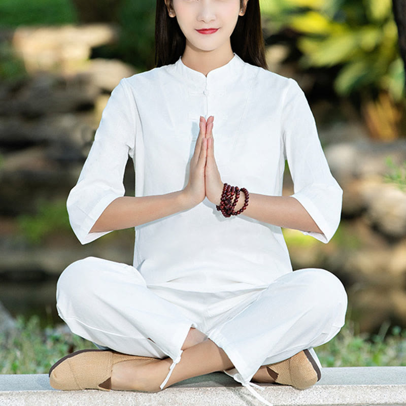 Buddha Stones 2点セット 半袖シャツ トップパンツ 瞑想 禅 太極拳 コットンリネン 衣類 レディース セット - ホワイト(トップス&パンツ) - US8-10，UK/AU12-14，EU40-42 (2XL) - image 12
