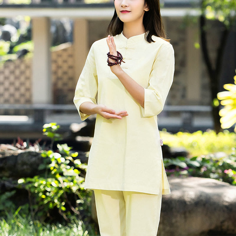 Buddha Stones 2点セット 半袖シャツ トップパンツ 瞑想 禅 太極拳 コットンリネン 衣類 レディース セット - イエロー(トップス&パンツ) - US8-10，UK/AU12-14，EU40-42 (2XL) - image 19