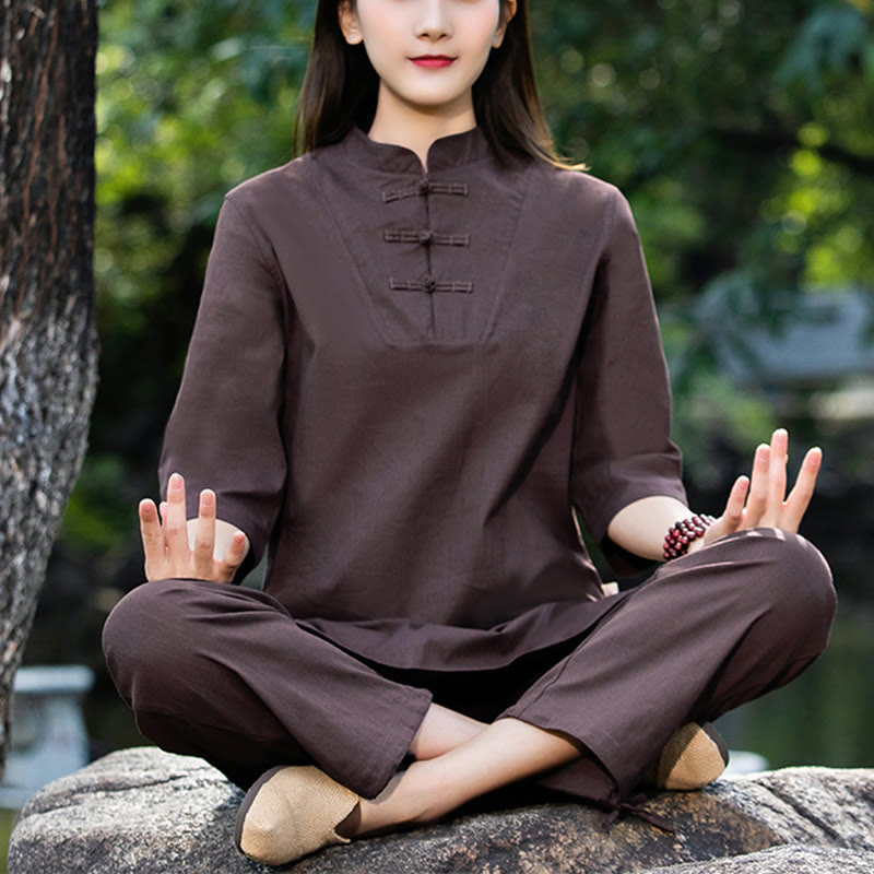 Buddha Stones 2点セット 半袖シャツ トップパンツ 瞑想 禅 太極拳 コットンリネン 衣類 レディース セット - ブラウン(トップス&パンツ) - US8-10，UK/AU12-14，EU40-42 (2XL) - image 22