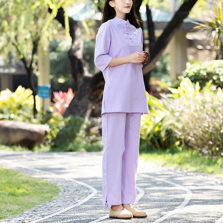 Buddha Stones 2点セット 半袖シャツ トップパンツ 瞑想 禅 太極拳 コットンリネン 衣類 レディース セット - パープル(トップス&パンツ) - US8-10，UK/AU12-14，EU40-42 (2XL) - image 9
