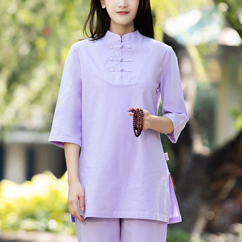 Buddha Stones 2点セット 半袖シャツ トップパンツ 瞑想 禅 太極拳 コットンリネン 衣類 レディース セット - image 10