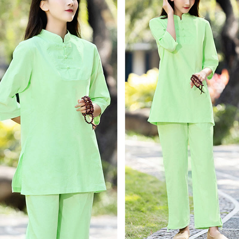 Buddha Stones 2点セット 半袖シャツ トップパンツ 瞑想 禅 太極拳 コットンリネン 衣類 レディース セット - image 8