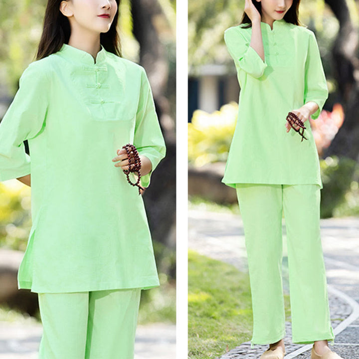 Buddha Stones 2点セット 半袖シャツ トップパンツ 瞑想 禅 太極拳 コットンリネン 衣類 レディース セット - image 8