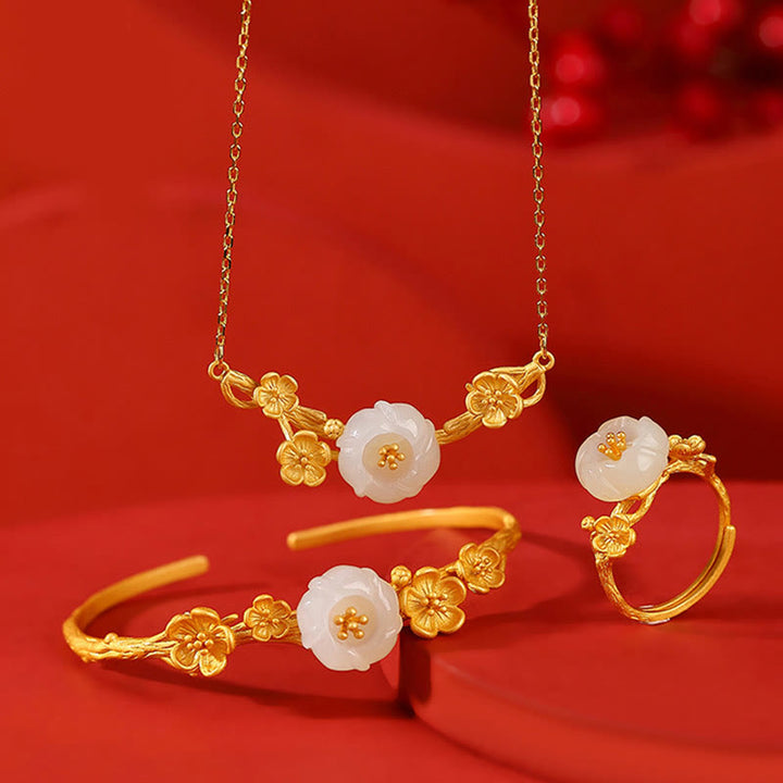 Buddha Stones 925スターリングシルバーメッキゴールド和田翡翠梅花幸運ネックレスペンダントブレスレットバングルリング