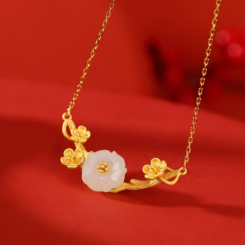 Buddha Stones 925スターリングシルバーメッキゴールド和田翡翠梅花幸運ネックレスペンダントブレスレットバングルリング