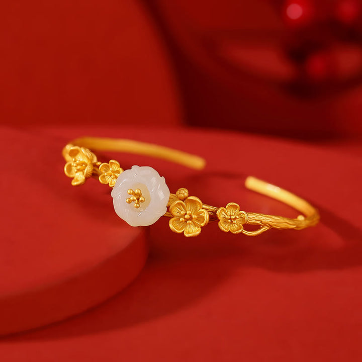 Buddha Stones 925スターリングシルバーメッキゴールド和田翡翠梅花幸運ネックレスペンダントブレスレットバングルリング
