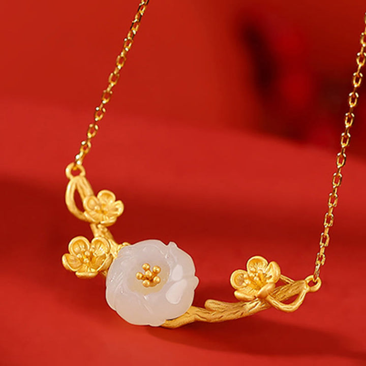 Buddha Stones 925スターリングシルバーメッキゴールド和田翡翠梅花幸運ネックレスペンダントブレスレットバングルリング