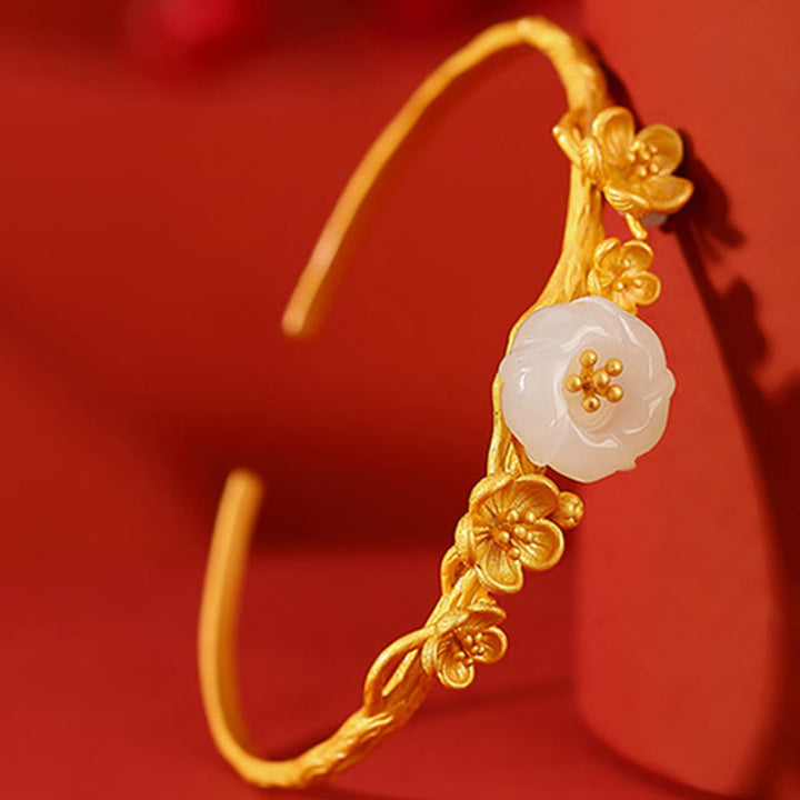Buddha Stones 925スターリングシルバーメッキゴールド和田翡翠梅花幸運ネックレスペンダントブレスレットバングルリング