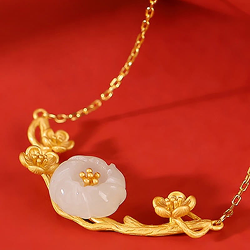Buddha Stones 925スターリングシルバーメッキゴールド和田翡翠梅花幸運ネックレスペンダントブレスレットバングルリング