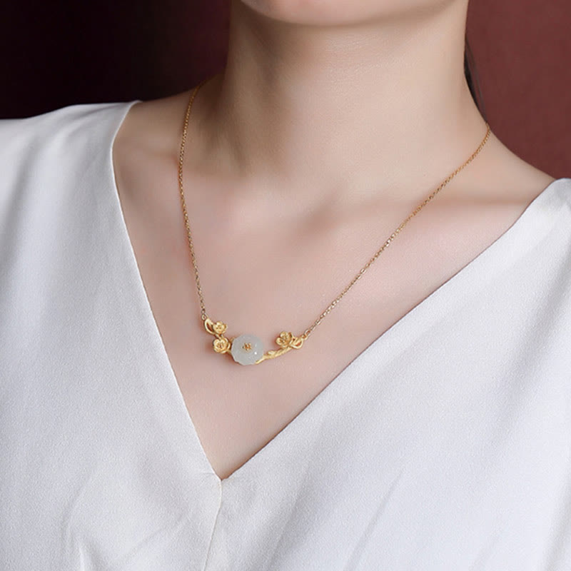Buddha Stones 925スターリングシルバーメッキゴールド和田翡翠梅花幸運ネックレスペンダントブレスレットバングルリング