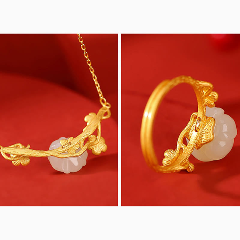Buddha Stones 925スターリングシルバーメッキゴールド和田翡翠梅花幸運ネックレスペンダントブレスレットバングルリング