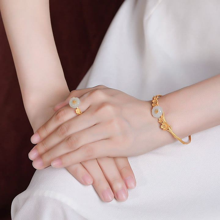 Buddha Stones 925スターリングシルバーメッキゴールド和田翡翠梅花幸運ネックレスペンダントブレスレットバングルリング
