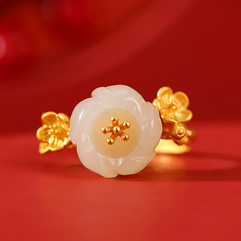 Buddha Stones 925スターリングシルバーメッキゴールド和田翡翠梅花幸運ネックレスペンダントブレスレットバングルリング