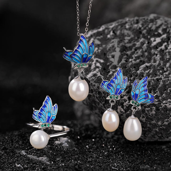Buddha Stones925スターリングシルバー パール バタフライ ヒーリングネックレス ペンダント イヤリング リング