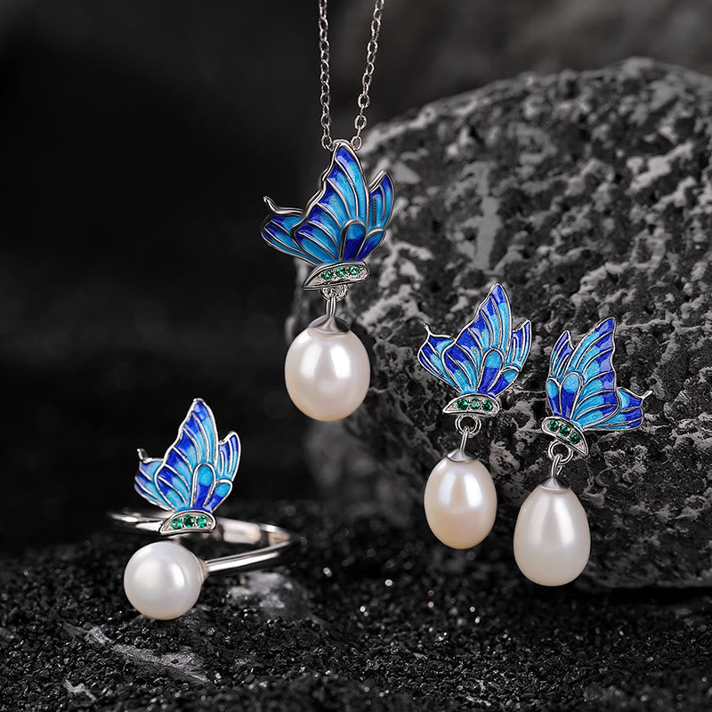 Buddha Stones925スターリングシルバー パール バタフライ ヒーリングネックレス ペンダント イヤリング リング - 3点（ネックレス、イヤリング、リング） - image 0