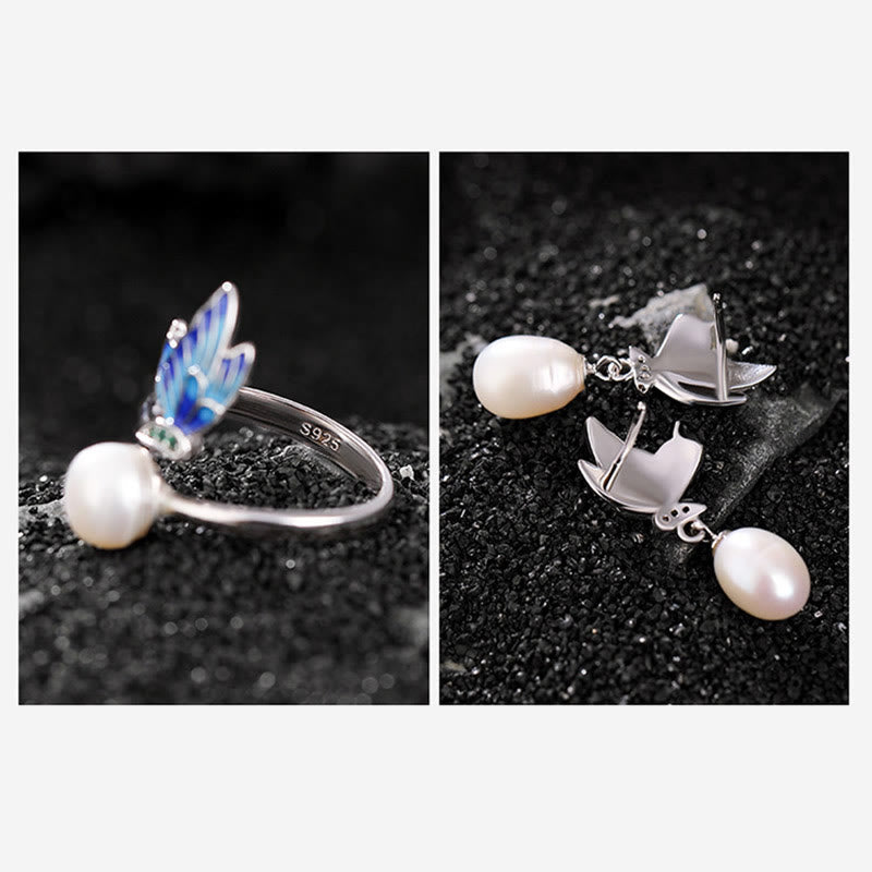 Buddha Stones925スターリングシルバー パール バタフライ ヒーリングネックレス ペンダント イヤリング リング