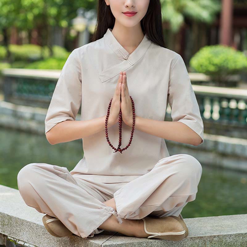 Buddha Stones 2点セット 半袖 Vネック シャツ トップパンツ 瞑想 禅 太極拳 リネン ウェア レディース セット - カーキ(トップス&パンツ) - US8-10，UK/AU12-14，EU40-42 (2XL) - image 0