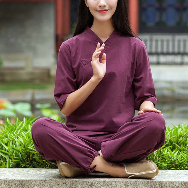Buddha Stones 2点セット 半袖 Vネック シャツ トップパンツ 瞑想 禅 太極拳 リネン ウェア レディース セット - バーガンディ(トップス&パンツ) - US8-10，UK/AU12-14，EU40-42 (2XL) - image 12
