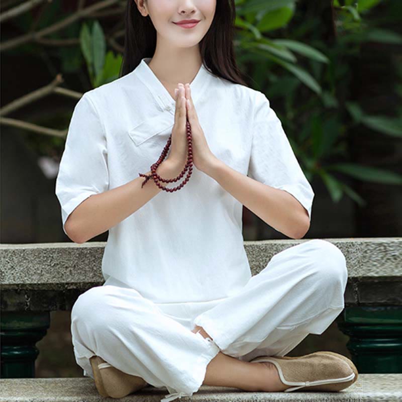 Buddha Stones 2点セット 半袖 Vネック シャツ トップパンツ 瞑想 禅 太極拳 リネン ウェア レディース セット - ホワイト（トップス＆パンツ） - US8-10，UK/AU12-14，EU40-42 (2XL) - image 3