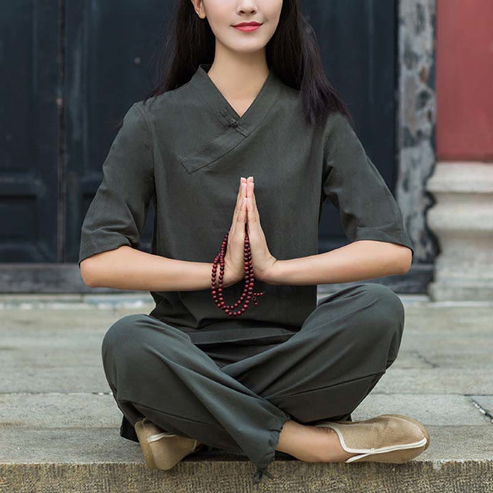 Buddha Stones 2点セット 半袖 Vネック シャツ トップパンツ 瞑想 禅 太極拳 リネン ウェア レディース セット - グレー（トップス＆パンツ） - US8-10，UK/AU12-14，EU40-42 (2XL) - image 17