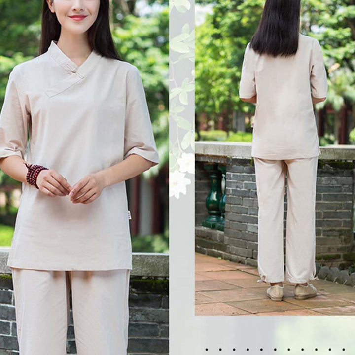 Buddha Stones 2点セット 半袖 Vネック シャツ トップパンツ 瞑想 禅 太極拳 リネン ウェア レディース セット - image 2