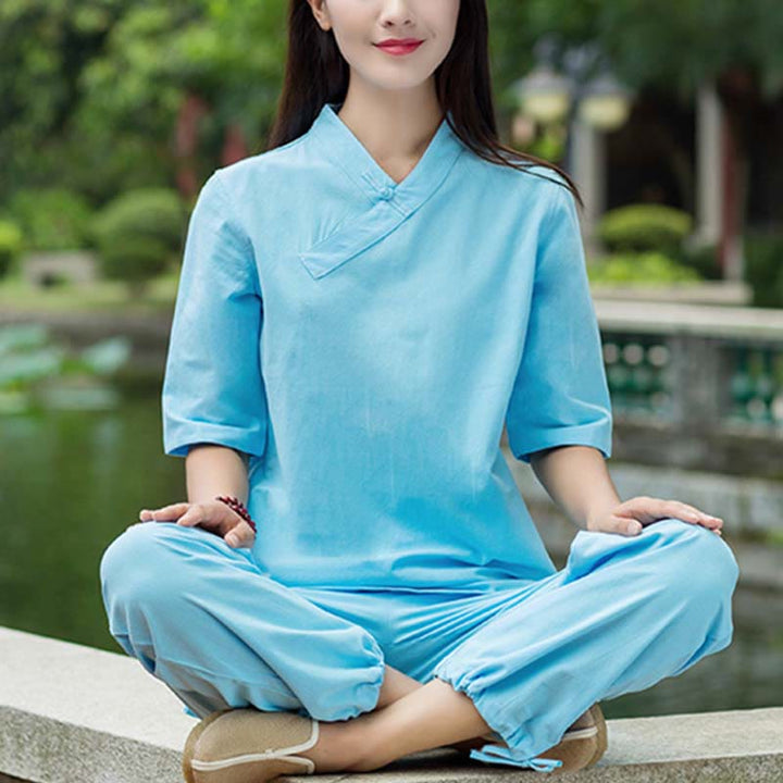 Buddha Stones 2点セット 半袖 Vネック シャツ トップパンツ 瞑想 禅 太極拳 リネン ウェア レディース セット - image 10