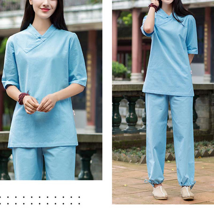 Buddha Stones 2点セット 半袖 Vネック シャツ トップパンツ 瞑想 禅 太極拳 リネン ウェア レディース セット - image 11