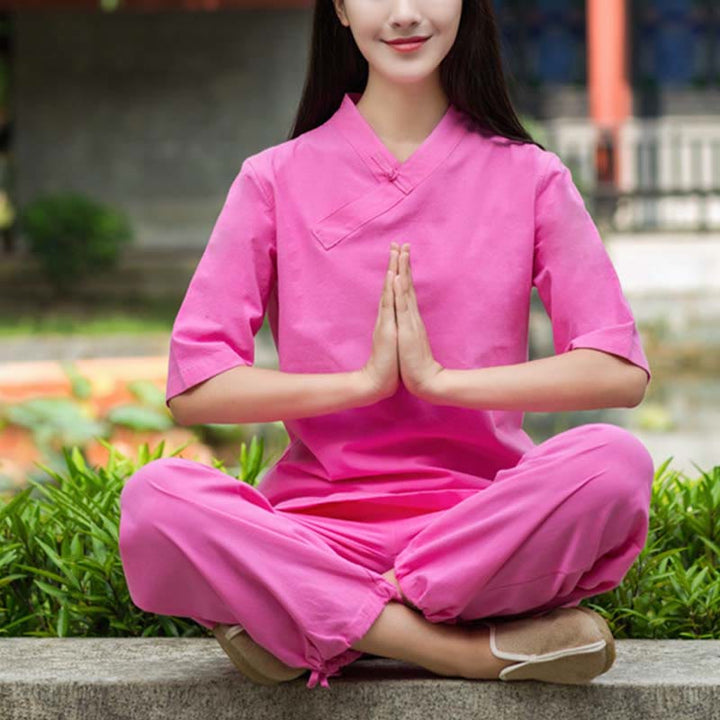 Buddha Stones 2点セット 半袖 Vネック シャツ トップパンツ 瞑想 禅 太極拳 リネン ウェア レディース セット - image 15