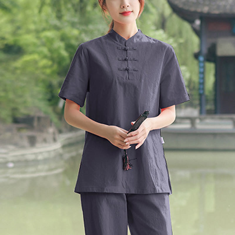 Buddha Stones 2点セット レディース 半袖シャツ トップス Tシャツ パンツ 瞑想 禅 太極拳 コットンリネン 衣類セット - グレー(トップス&パンツ) - US18、 UK/AU22、 EU50 (6XL) - image 5