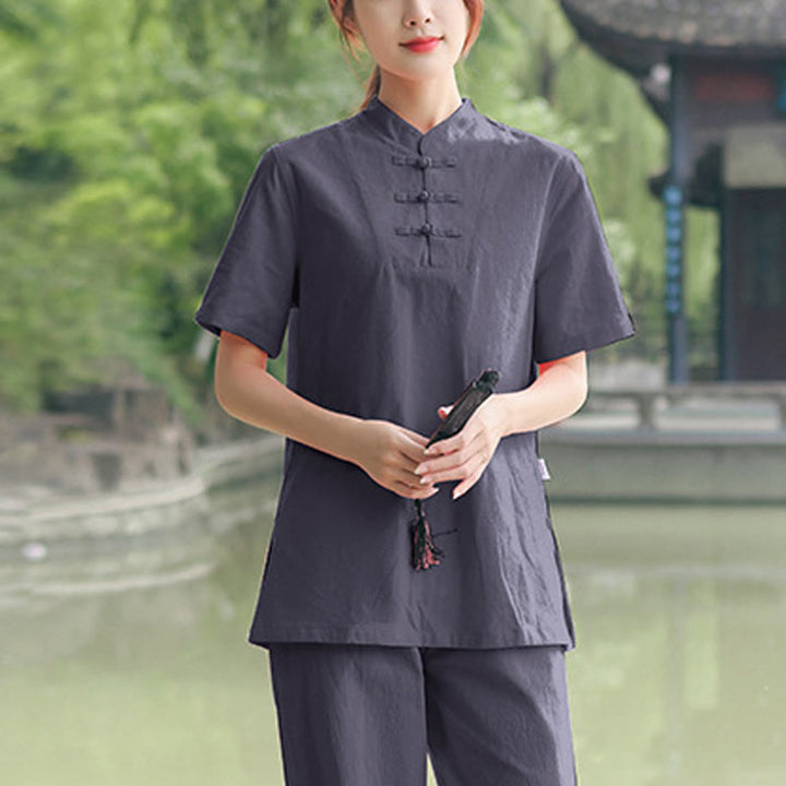 Buddha Stones 2点セット レディース 半袖シャツ トップス Tシャツ パンツ 瞑想 禅 太極拳 コットンリネン 衣類セット - グレー(トップス&パンツ) - US18、 UK/AU22、 EU50 (6XL) - image 5