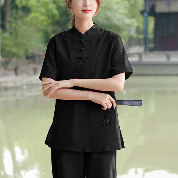 Buddha Stones 2点セット レディース 半袖シャツ トップス Tシャツ パンツ 瞑想 禅 太極拳 コットンリネン 衣類セット - ブラック(トップス&パンツ) - US18、 UK/AU22、 EU50 (6XL) - image 14
