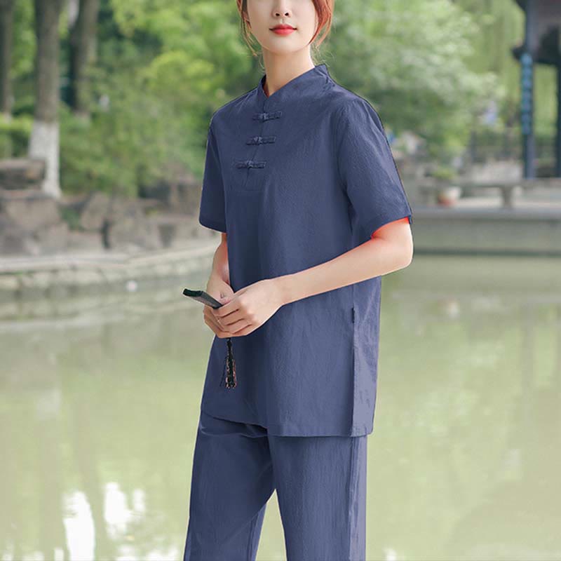 Buddha Stones 2点セット レディース 半袖シャツ トップス Tシャツ パンツ 瞑想 禅 太極拳 コットンリネン 衣類セット - ダークブルー(トップス&パンツ) - US18、 UK/AU22、 EU50 (6XL) - image 10