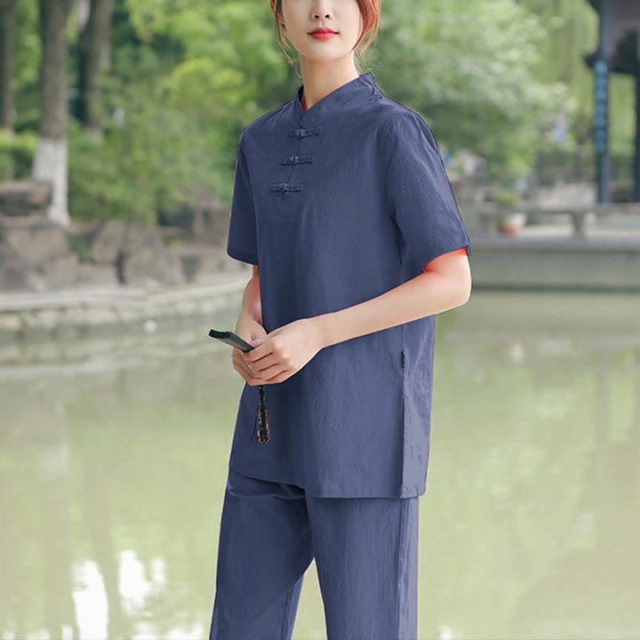 Buddha Stones 2点セット レディース 半袖シャツ トップス Tシャツ パンツ 瞑想 禅 太極拳 コットンリネン 衣類セット - ダークブルー(トップス&パンツ) - US18、 UK/AU22、 EU50 (6XL) - image 10