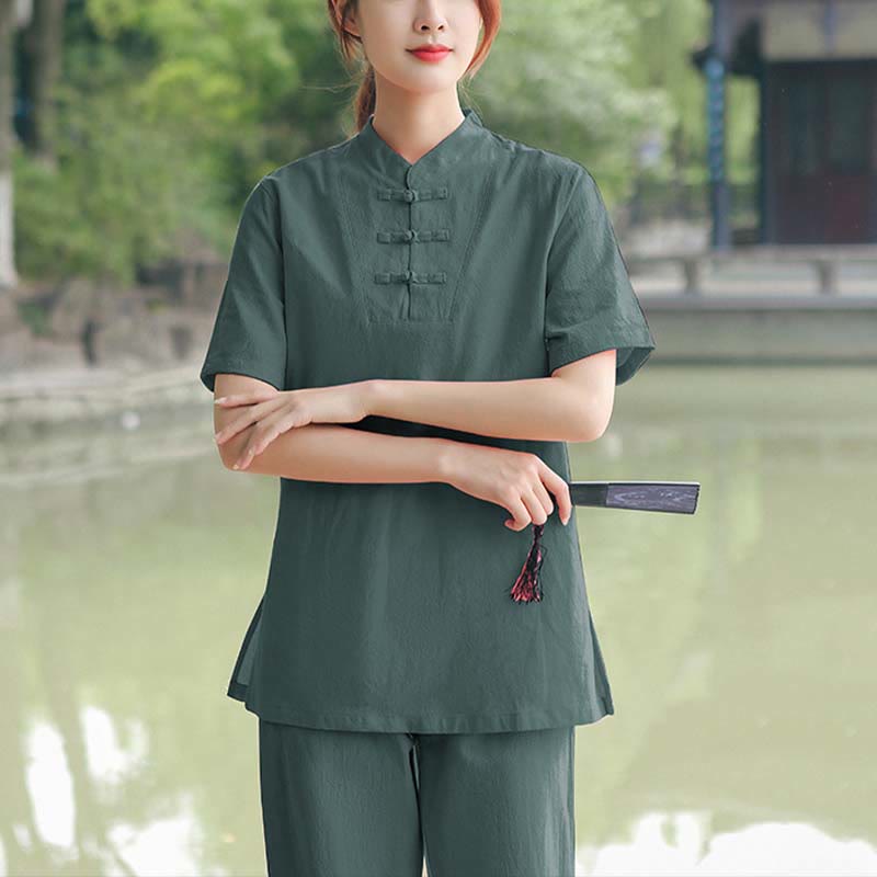 Buddha Stones 2点セット レディース 半袖シャツ トップス Tシャツ パンツ 瞑想 禅 太極拳 コットンリネン 衣類セット - ダークグリーン(トップス&パンツ) - US18、 UK/AU22、 EU50 (6XL) - image 13