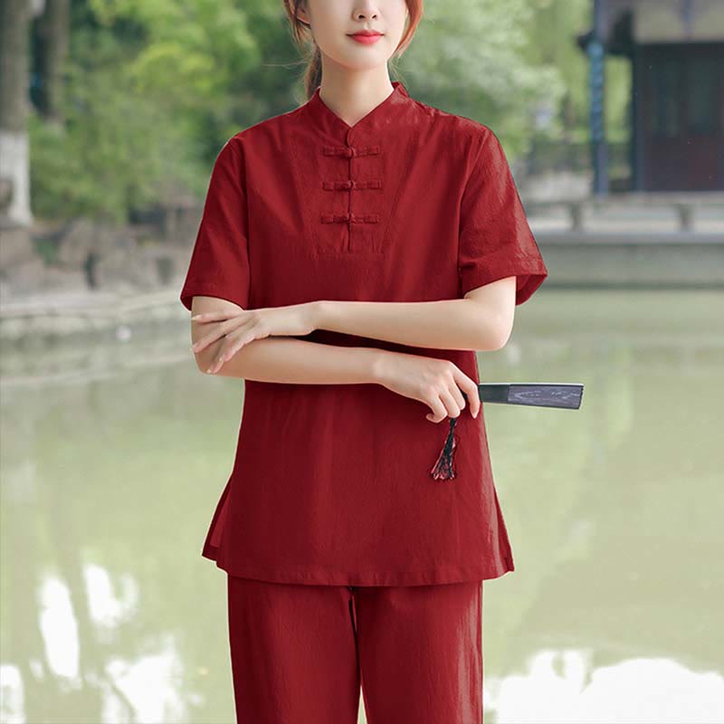 Buddha Stones 2点セット レディース 半袖シャツ トップス Tシャツ パンツ 瞑想 禅 太極拳 コットンリネン 衣類セット - バーガンディ(トップス&パンツ) - US18、 UK/AU22、 EU50 (6XL) - image 8