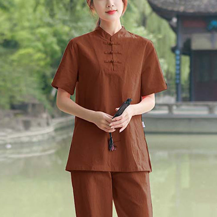 Buddha Stones 2点セット レディース 半袖シャツ トップス Tシャツ パンツ 瞑想 禅 太極拳 コットンリネン 衣類セット - ブラウン(トップス&パンツ) - US18、 UK/AU22、 EU50 (6XL) - image 11