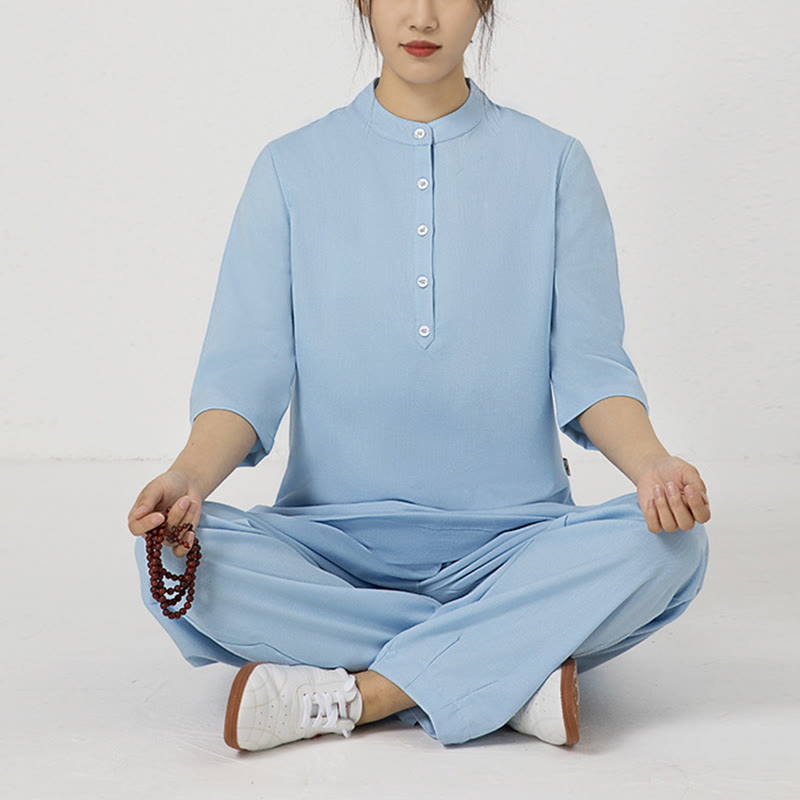 Buddha Stones 2点セット 無地 七分丈シャツ トップス パンツ 瞑想 禅 太極拳 コットンリネン 衣類 レディース セット