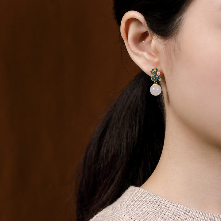 Buddha Stonesホワイトジェイド 925 スターリングシルバー パールフラワー 祝福ネックレス ペンダント リング イヤリング