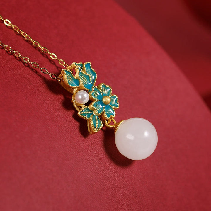 Buddha Stonesホワイトジェイド 925 スターリングシルバー パールフラワー 祝福ネックレス ペンダント リング イヤリング